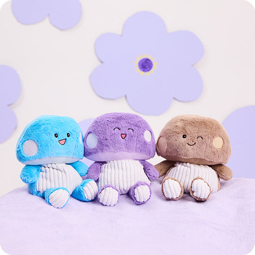 Image 105: blue, purple, and brown mushroom trio stuffed animals
